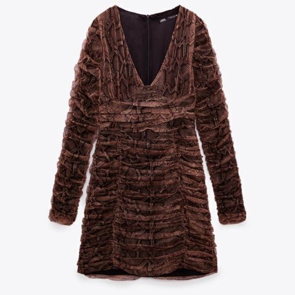 NEW ZARA‎ DRAPED TULLE DRESS  SNAKESKIN PRINT V NECK MINI DRAPED WOMENS SIZE M - Picture 1 of 4
